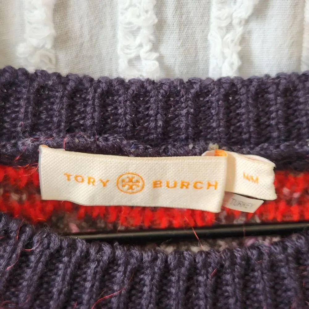 Tory Burch Sz M Metallic Stripe Sweater Mohair Wool Blend Top Red Blue Designer - Picture 4 of 9